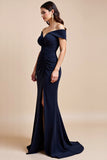 Navy Off the Shoulder Ruched Mermaid Long Formal Dress With Slit