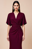 Burgundy Ruched V Neck Mermaid Long Mother Of The Bride Dress