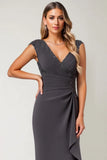 Steel Grey Sheath V-Neck Pleated Mother Of The Bride Dress with Sequins