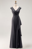 Steel Grey Sheath V-Neck Pleated Mother Of The Bride Dress with Sequins
