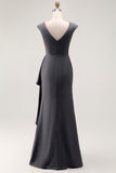 Steel Grey Sheath V-Neck Pleated Mother Of The Bride Dress with Sequins