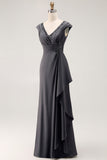 Steel Grey Sheath V-Neck Pleated Mother Of The Bride Dress with Sequins