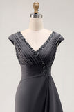 Steel Grey Sheath V-Neck Pleated Mother Of The Bride Dress with Sequins