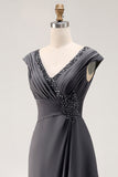 Steel Grey Sheath V-Neck Pleated Mother Of The Bride Dress with Sequins