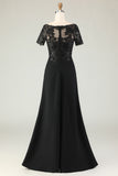 Black Mermaid Appliqued Short Sleeves Long Mother Of The Bride Dress with Slit