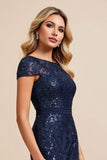 Navy Sheath Long Formal Dress With Appliques