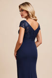 Navy Sheath Long Formal Dress With Appliques