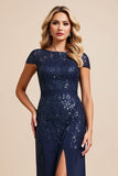 Navy Sheath Long Formal Dress With Appliques