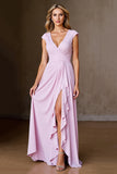 Candy Pink Ruched A Line Asymmetrical Formal Dress With Slit
