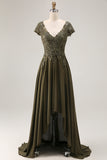 Olive V-Neck High Low Mother Of The Bride Dress with Appliques