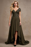 Olive V-Neck High Low Mother Of The Bride Dress with Appliques