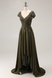 Olive V-Neck High Low Mother Of The Bride Dress with Appliques