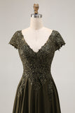 Olive V-Neck High Low Mother Of The Bride Dress with Appliques