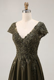 Olive V-Neck High Low Mother Of The Bride Dress with Appliques