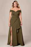 Olive Plus Size Ruched Off The Shoulder A Line Mother Of The Bride Dress With Slit