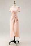 Apricot Off The Shoulder Ruched Sheath Mother Of The Bride Dress with Ruffle Slit
