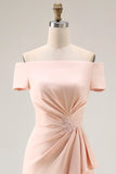 Apricot Off The Shoulder Ruched Sheath Mother Of The Bride Dress with Ruffle Slit