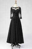 Black A Line Appliqued Long Mother Of The Bride Dress with 3/4 Sleeves
