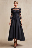 Black A Line Appliqued Long Mother Of The Bride Dress with 3/4 Sleeves