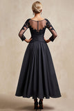 Black A Line Appliqued Long Mother Of The Bride Dress with 3/4 Sleeves
