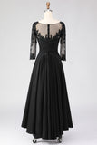 Black A Line Appliqued Long Mother Of The Bride Dress with 3/4 Sleeves