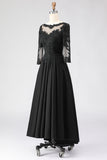 Black A Line Appliqued Long Mother Of The Bride Dress with 3/4 Sleeves