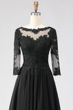 Black A Line Appliqued Long Mother Of The Bride Dress with 3/4 Sleeves
