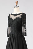 Black A Line Appliqued Long Mother Of The Bride Dress with 3/4 Sleeves