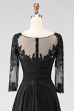 Black A Line Appliqued Long Mother Of The Bride Dress with 3/4 Sleeves