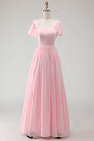 Candy Pink A-Line Flutter Sleeves Long Bridesmaid Dress with Lace Up Back