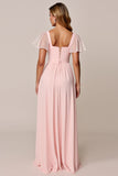Candy Pink A-Line Flutter Sleeves Long Bridesmaid Dress with Lace Up Back