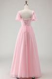 Candy Pink A-Line Flutter Sleeves Long Bridesmaid Dress with Lace Up Back