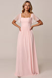 Candy Pink A-Line Flutter Sleeves Long Bridesmaid Dress with Lace Up Back