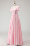 Candy Pink A-Line Flutter Sleeves Long Bridesmaid Dress with Lace Up Back