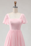 Candy Pink A-Line Flutter Sleeves Long Bridesmaid Dress with Lace Up Back