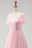 Candy Pink A-Line Flutter Sleeves Long Bridesmaid Dress with Lace Up Back
