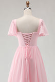 Candy Pink A-Line Flutter Sleeves Long Bridesmaid Dress with Lace Up Back