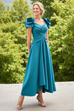 Peacock Blue Asymmetrical A Line Midi Mother Of The Bride Dress With 3D Flowers
