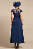 Navy Ruched A Line Long Mother Of The Bride Dress With Appliques
