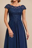 Navy Ruched A Line Long Mother Of The Bride Dress With Appliques