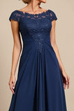 Navy Ruched A Line Long Mother Of The Bride Dress With Appliques