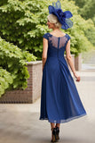 Ruched Navy A Line Midi Mother Of The Bride Dress With Appliques