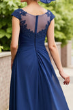 Ruched Navy A Line Midi Mother Of The Bride Dress With Appliques