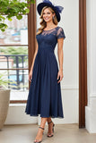 Navy Midi A Line Mother Of The Bride Dress With Appliques