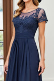 Navy Midi A Line Mother Of The Bride Dress With Appliques