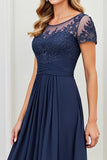 Navy Midi A Line Mother Of The Bride Dress With Appliques
