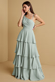 Sage Green Tiered A Line Long Bridesmaid Dress With Ruffles