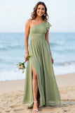 One Shoulder Dusty Sage A Line Long Bridesmaid Dress With Slit