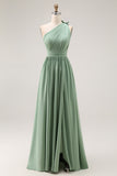 Green A-Line One Shoulder Ruched Chiffon Long Bridesmaid Dress with Slit