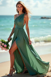 Green One Shoulder Ruched A Line Long Bridesmaid Dress With Slit